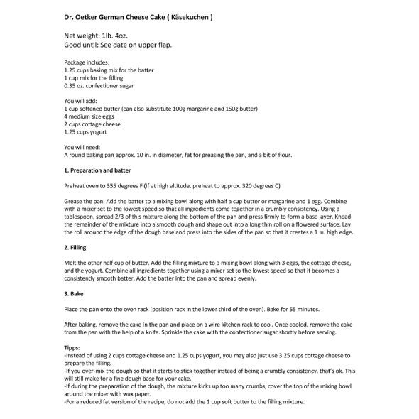 Dr. Oetker Classic German "Kaese Kuchen" Cheese Cake Baking Mix, 20.1 oz