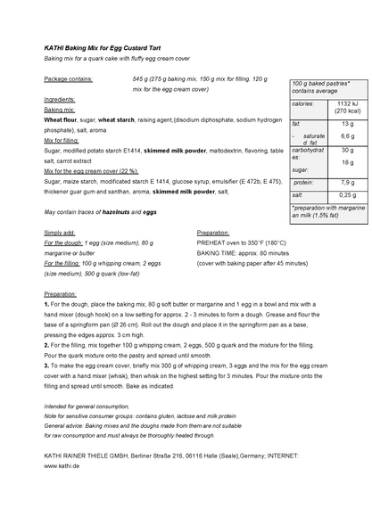 Kathi "Eierschecke" Quark Cheese Cake with Custard Topping, Baking Mix Kit, 545g