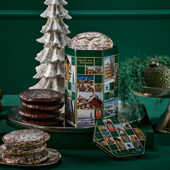 Lebkuchen Schmidt "Nuremberg Variety" Green Hexagonal Tin, Assorted Lebkuchen and Holiday Cookies