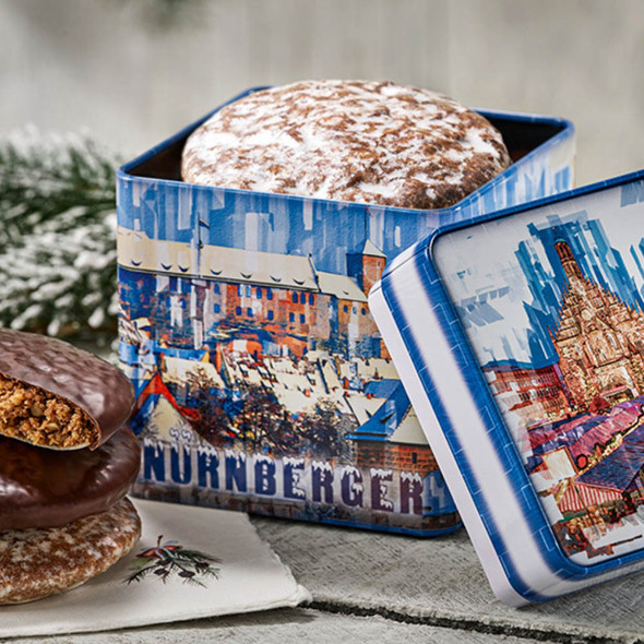 Lebkuchen Schmidt "Christmas Market Dream" Blue Rectangular Tin, Assorted Lebkuchen