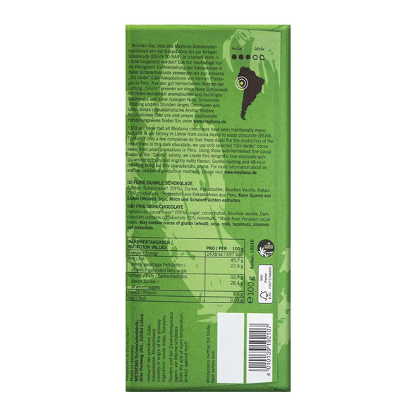 Meybona Peruvian "Oro Verde" Artisanal Chocolate Bar, 72% Cocoa, 100g