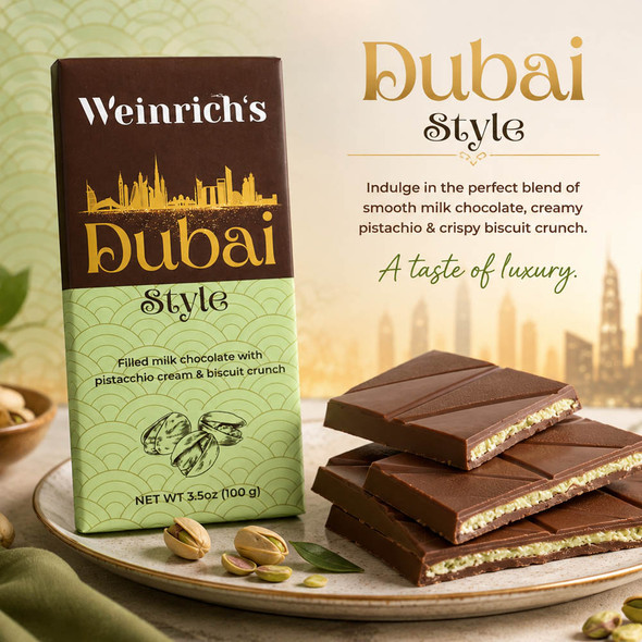 Weinrich's "Dubai" Milk Chocolate Bar with Pistachio Filling, 100g