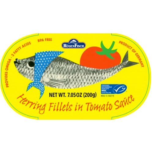 herring fish 皿 Ruegenfisch Herring Fillets in Tomato Sauce Yellow Pack, 7.05 oz