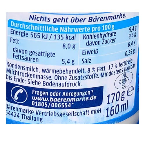 Baerenmarke German Coffee Creamer 8% Fat 6 oz
