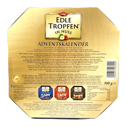 Trumpf "Edle Tropfen in Nuss" Advent Calendar with Brandy Pralines, 10.6 oz