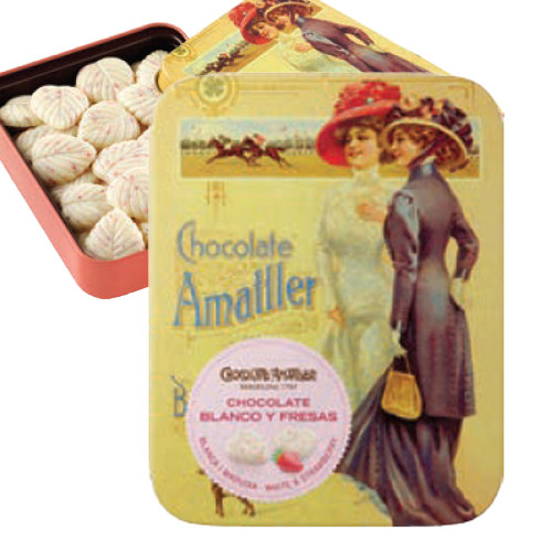 Chocolate Amatller White Strawberry Chocolate Leaves in Art Deco Gift TIn, 2.1 oz