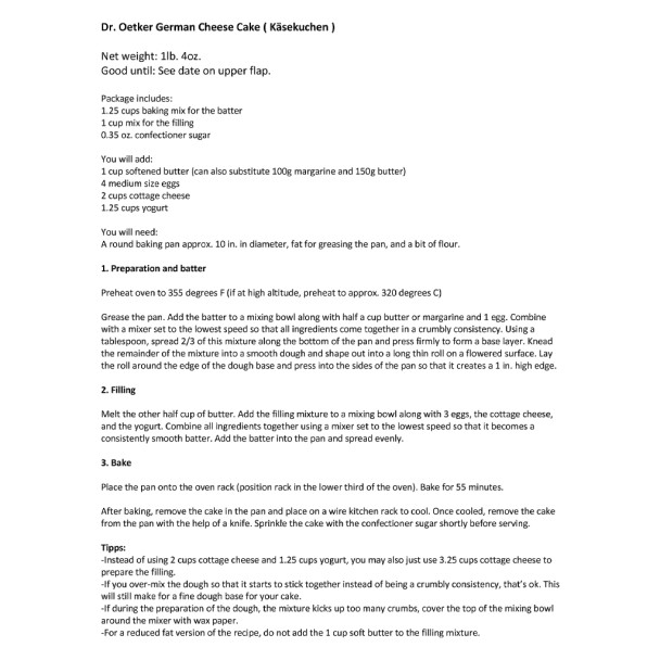 Dr. Oetker Classic German "Kaese Kuchen" Cheese Cake Baking Mix, 20.1 oz