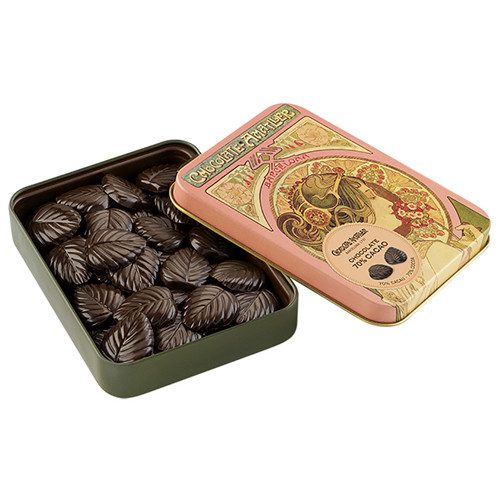 Chocolate Amatller 70% Dark Chocolate Leaves in Art Deco Gift Tin, 2.1 oz