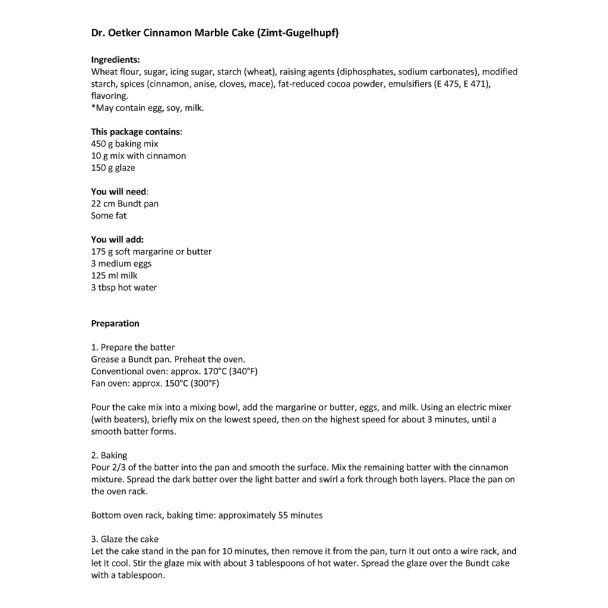 Dr. Oetker Cinnamon Gugelhupf Marble Cake Mix, 21.5 oz