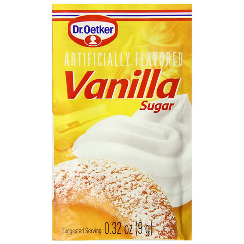 Dr. Oetker Vanilla Sugar 6-pack, made in Canada, containing six 9 g sachets of vanilla-flavored sugar for baking and desserts.