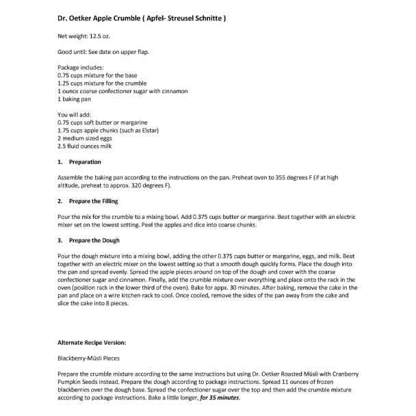 Dr. Oetker Apple Crumble Cake Mix, 12.5 oz