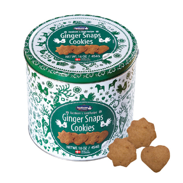 Jacobsens "Danish Gingersnap" Cookies in Green Holiday Gift Tin, 16 oz