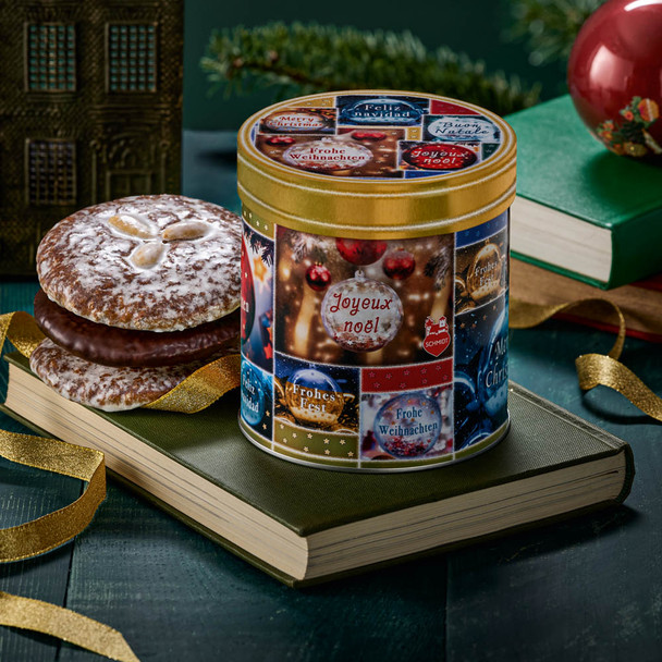 Lebkuchen Schmidt "Christmas Glas Ornaments" Golden Round Tin, Assorted Lebkuchen