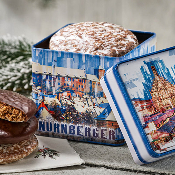 Lebkuchen Schmidt "Christmas Market Dream" Blue Rectangular Tin, Assorted Lebkuchen