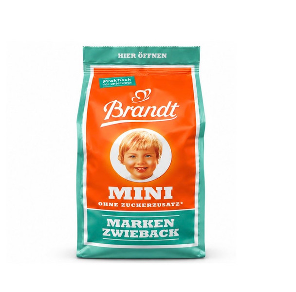 Carl Brandt Crunch Mini Zwieback No Added Sugar package containing crispy German wheat rusks with 14 g protein per 100 g.