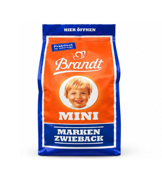 Carl Brandt Mini Zwieback Bites original package featuring golden, double-baked German wheat rusks.