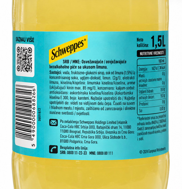 Schweppes Bitter Lemon 1.5-liter bottle back label showing Serbian ingredients, nutritional information and producer details.