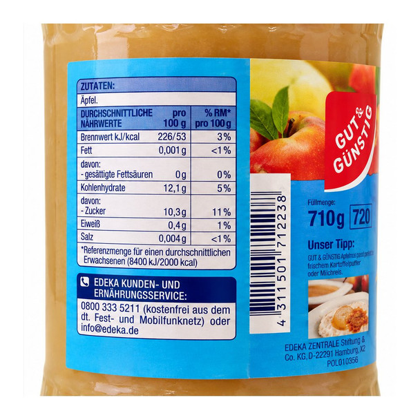GUT & GÜNSTIG German applesauce 710 g back label with German ingredients, nutritional information and storage instructions.