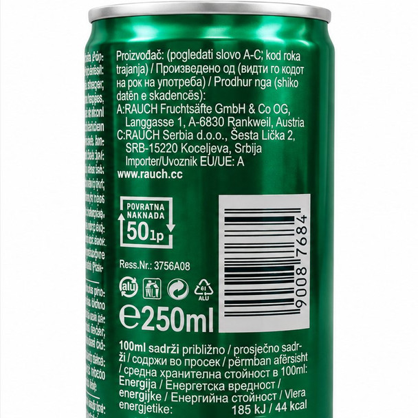 Rauch Bravo Select Apple Drink 250 ml back label showing multilingual manufacturer information, barcode and nutrition details.