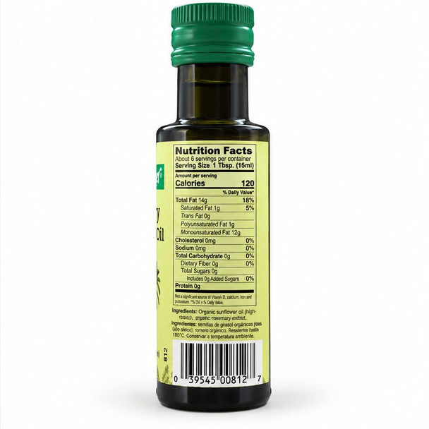 Seitenbacher Organic Rosemary Seasoning Oil back label with nutrition facts, ingredients and German manufacturing information.