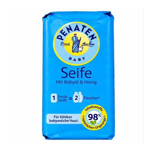 Penaten Baby Soap 90 g blue package with baby oil and honey, 98% naturally derived ingredients and Penaten Baby logo.