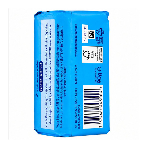 Penaten Baby Soap 90 g back packaging showing German product information, barcode and Made in Greece declaration.