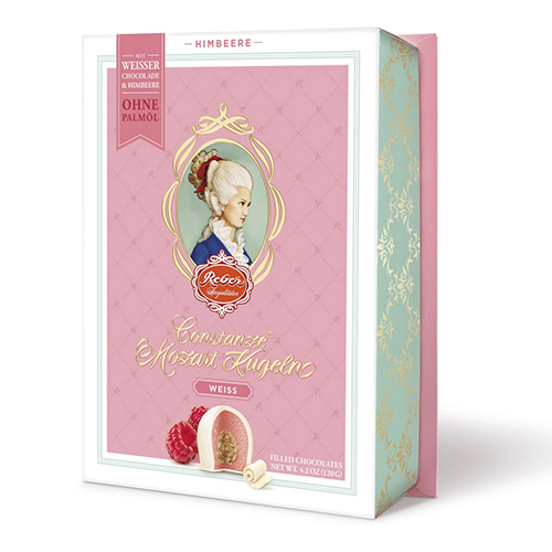 Reber Constanze Mozart White Chocolate Raspberry Kugel in Small Portrait Box, 6 pc., 4.2 oz.