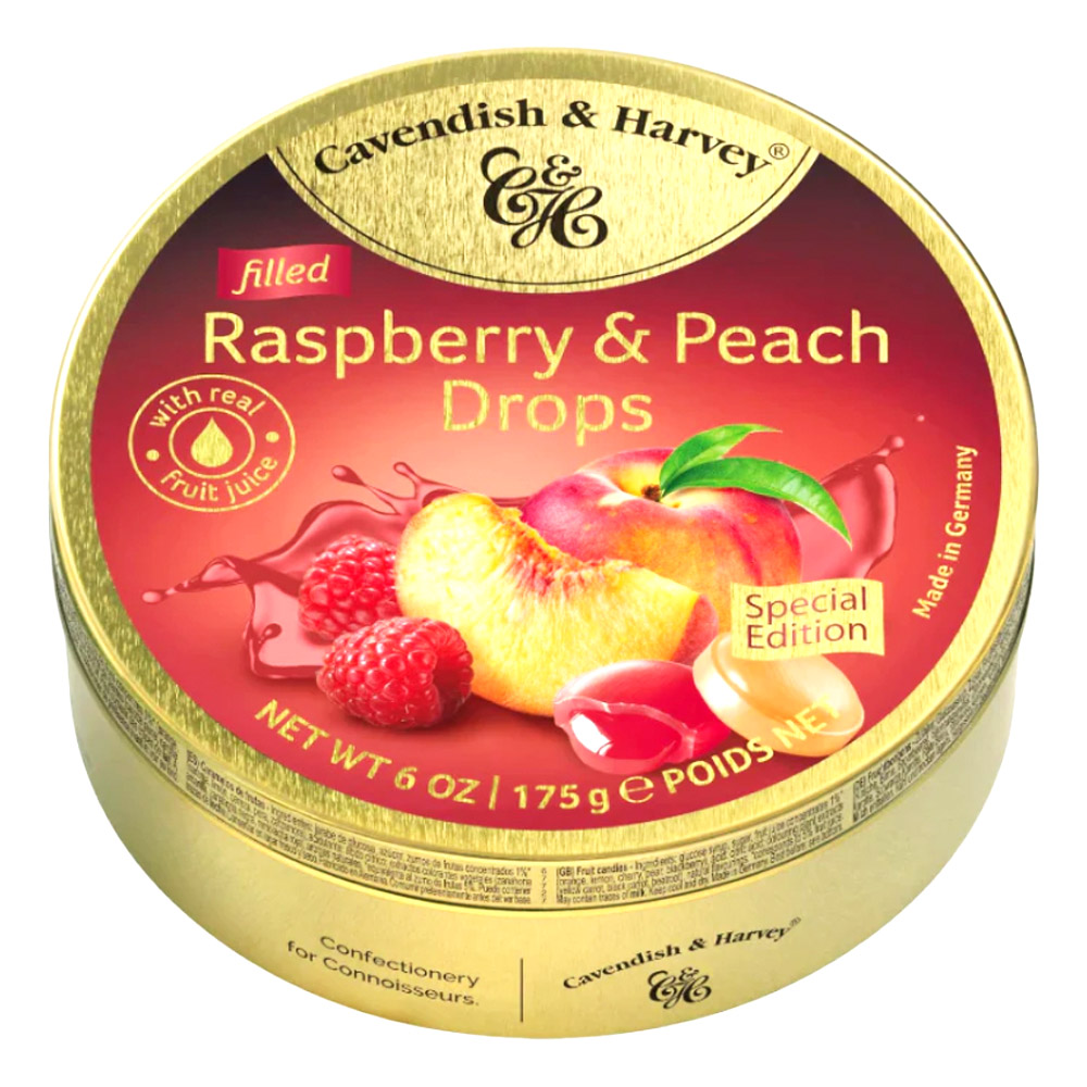 Cavendish & Harvey Raspberry & Peach Candy Drops in large Tin, 175g
