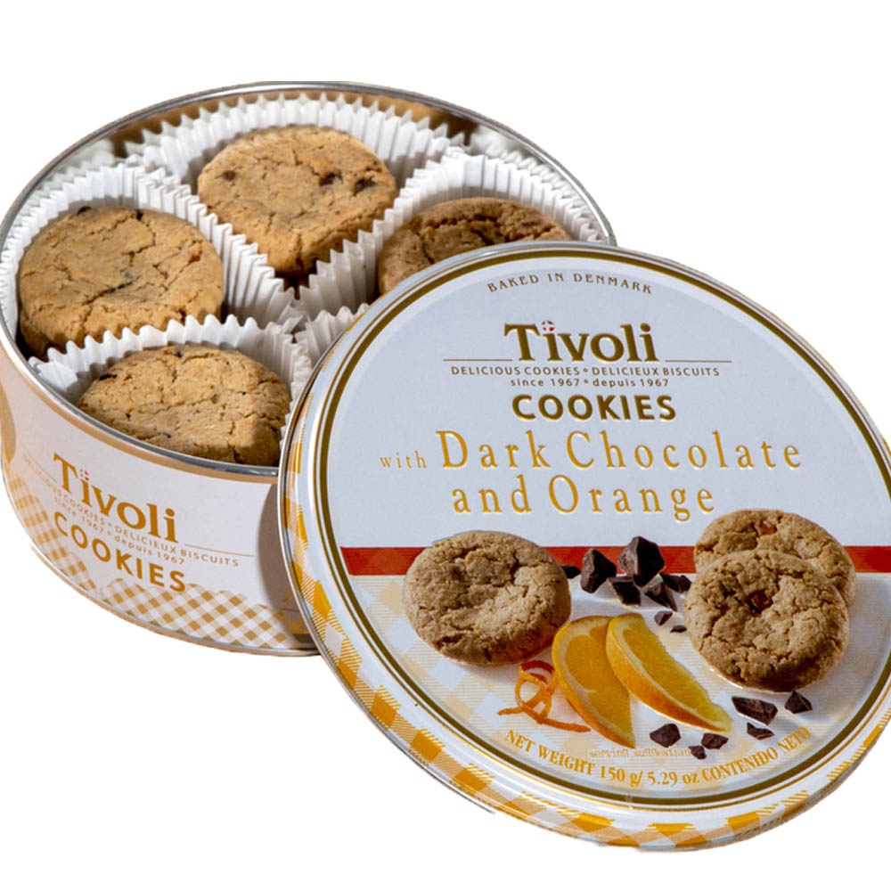 Tivoli  Danish Butter Cookies Dark Chocolate & Orange in Tins, 5.3 oz