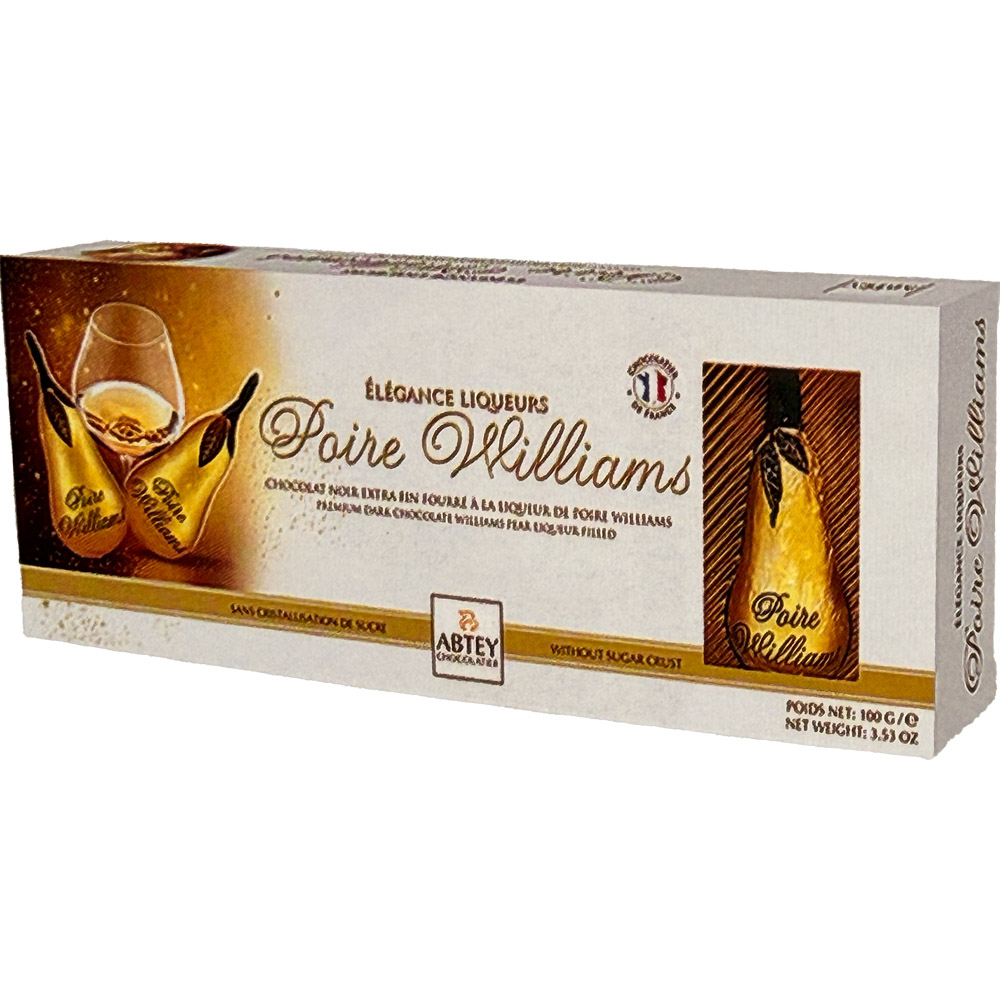 Abtey Poire Williams Brandy Filled Dark Chocolate Pralines in gift box, 3.5 oz oz
