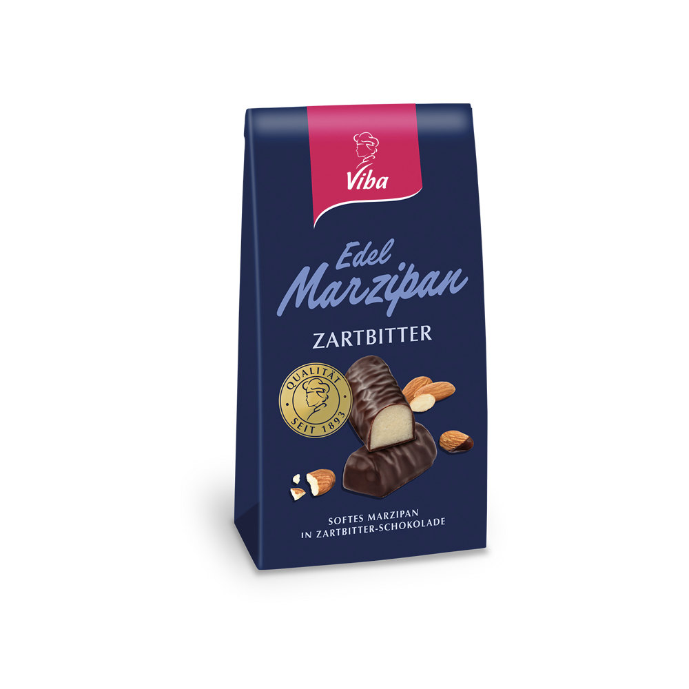 Viba Edel Marzipan Zartbitter 125 g dark blue German bag with premium almond marzipan minis coated in dark chocolate.