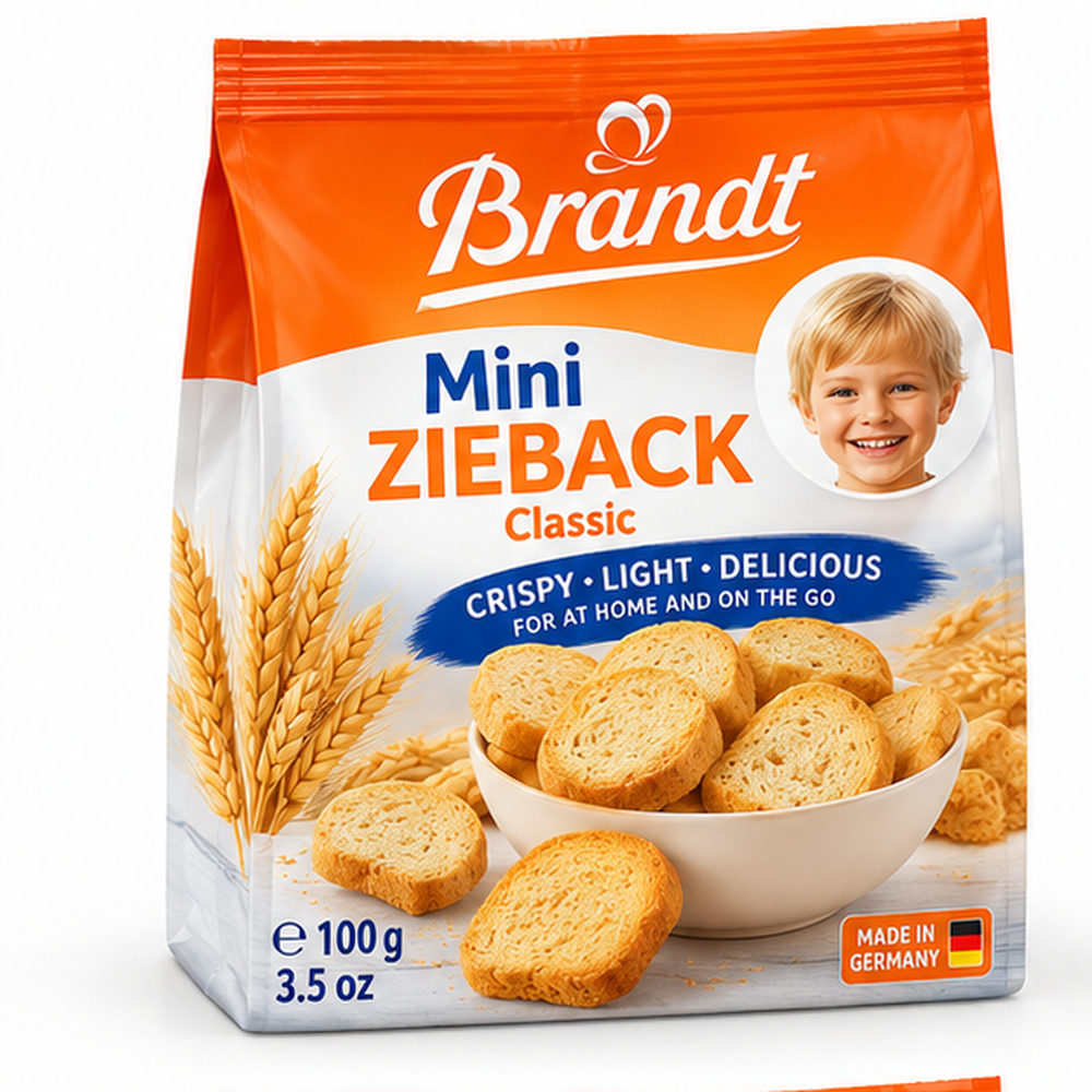 Carl Brandt Mini Zwieback Bites original package featuring golden, double-baked German wheat rusks.