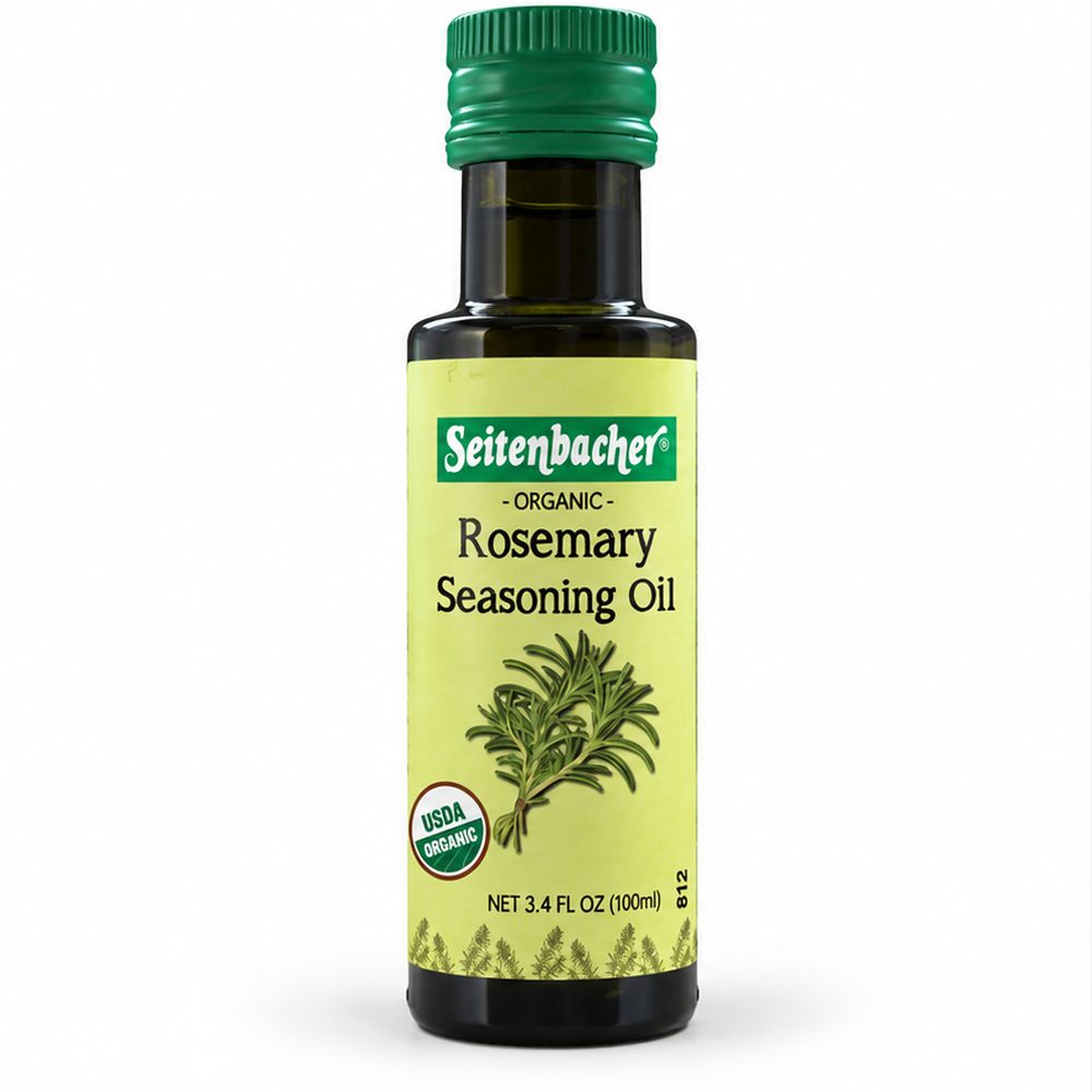 Seitenbacher Organic Rosemary Seasoning Oil 100 ml dark glass bottle with green cap, rosemary illustration and USDA Organic seal.