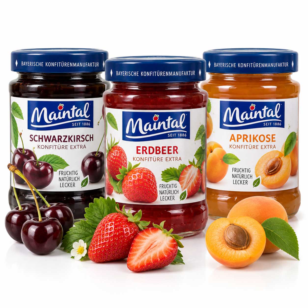 Maintal three fruit preserves with black, rd and golden colors