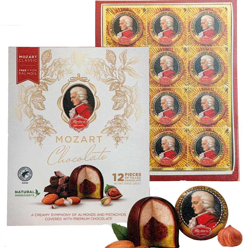 Reber Mozart Kugel in Wolfgang Amadeus Mozart Portrait Box, 12pc. 8.5 oz