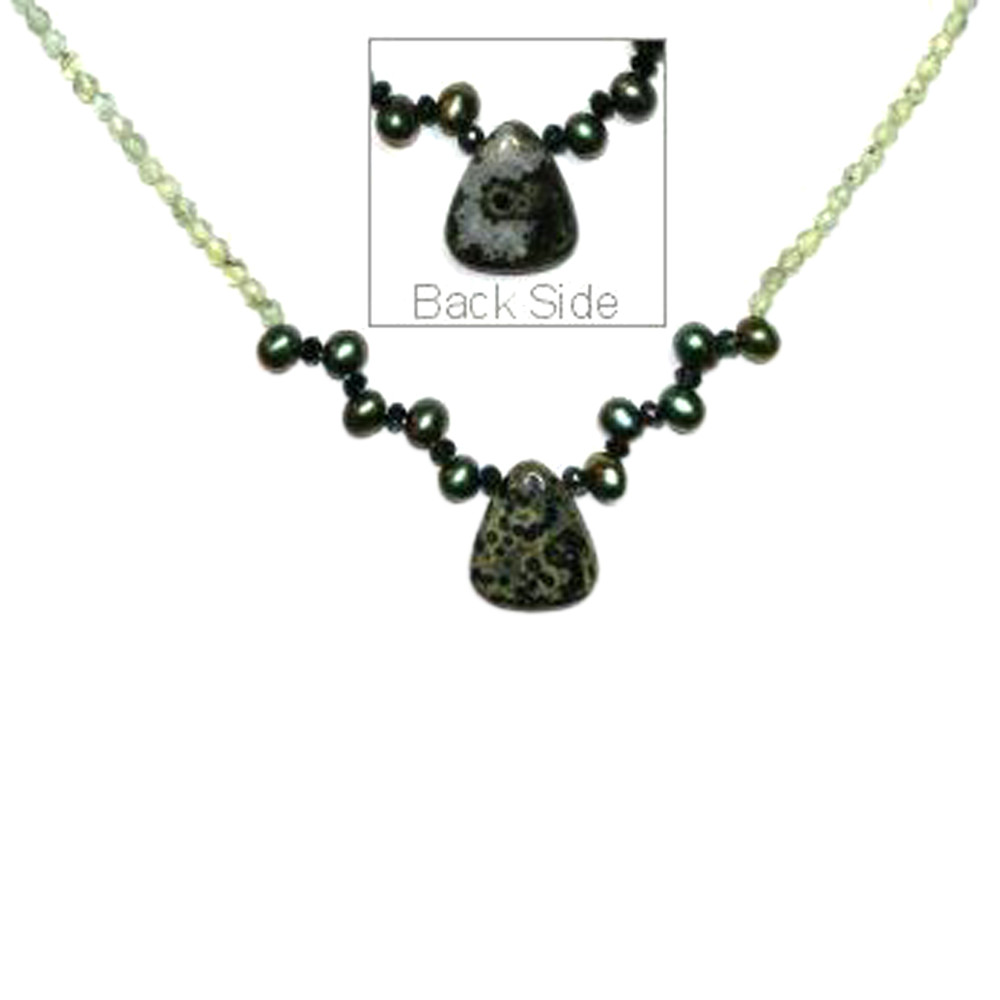 Reversible Ocean Jasper Necklace with Moss Agate, Green Dancing Pearls and Peridot