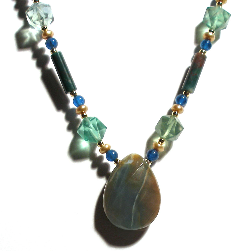 Ocean Jasper Drop Necklace with Fluorite Apatite and Pearls