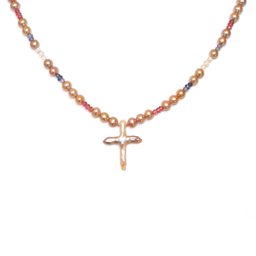 Pink Cross Pearl, Pink Tourmaline, White Topaz and Tanzanite Easter Necklace