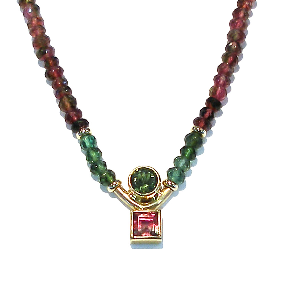 Watermelon Tourmaline and Green Tourmaline Infinity Necklace in Gold