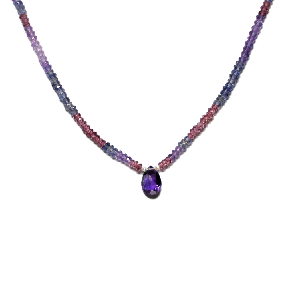 Amethyst Drop Multigem Necklace on Rhodolite Garnets Amethyst and Iolites