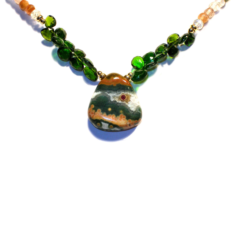 Jasper Drop Paddle Necklace with Ruby Inset Chrome Tourmaline and  Multicolor Quartz Beads