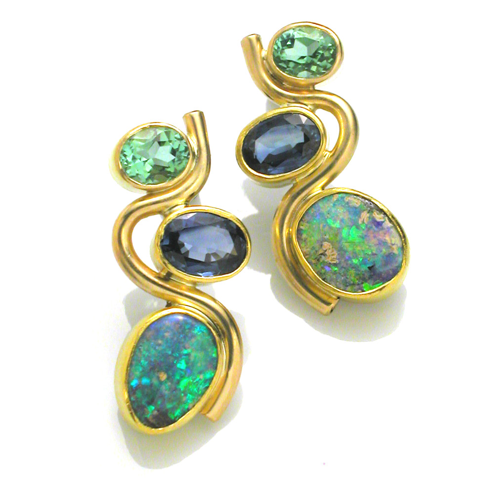 Opal Sapphire and Mint Tourmaline Wave Earrings in Gold
