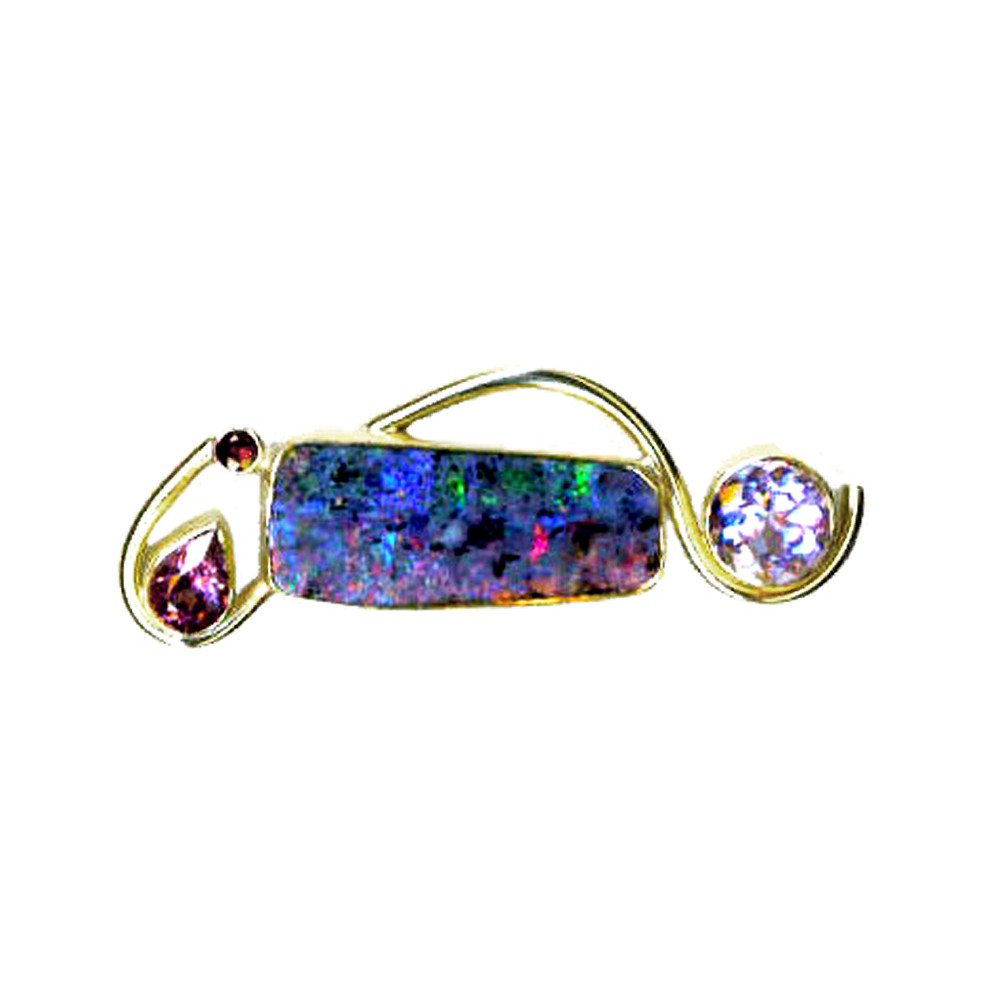 Big Boulder Opal, Rose D'France Amethyst Tourmaline and Garnet Brooch in Gold