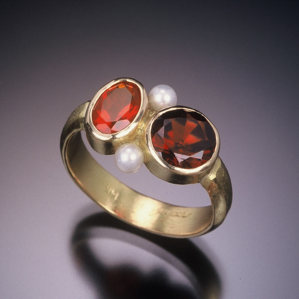 Mexican Opal and Garnet Horizontal Ring with Pearl Accents in Gold