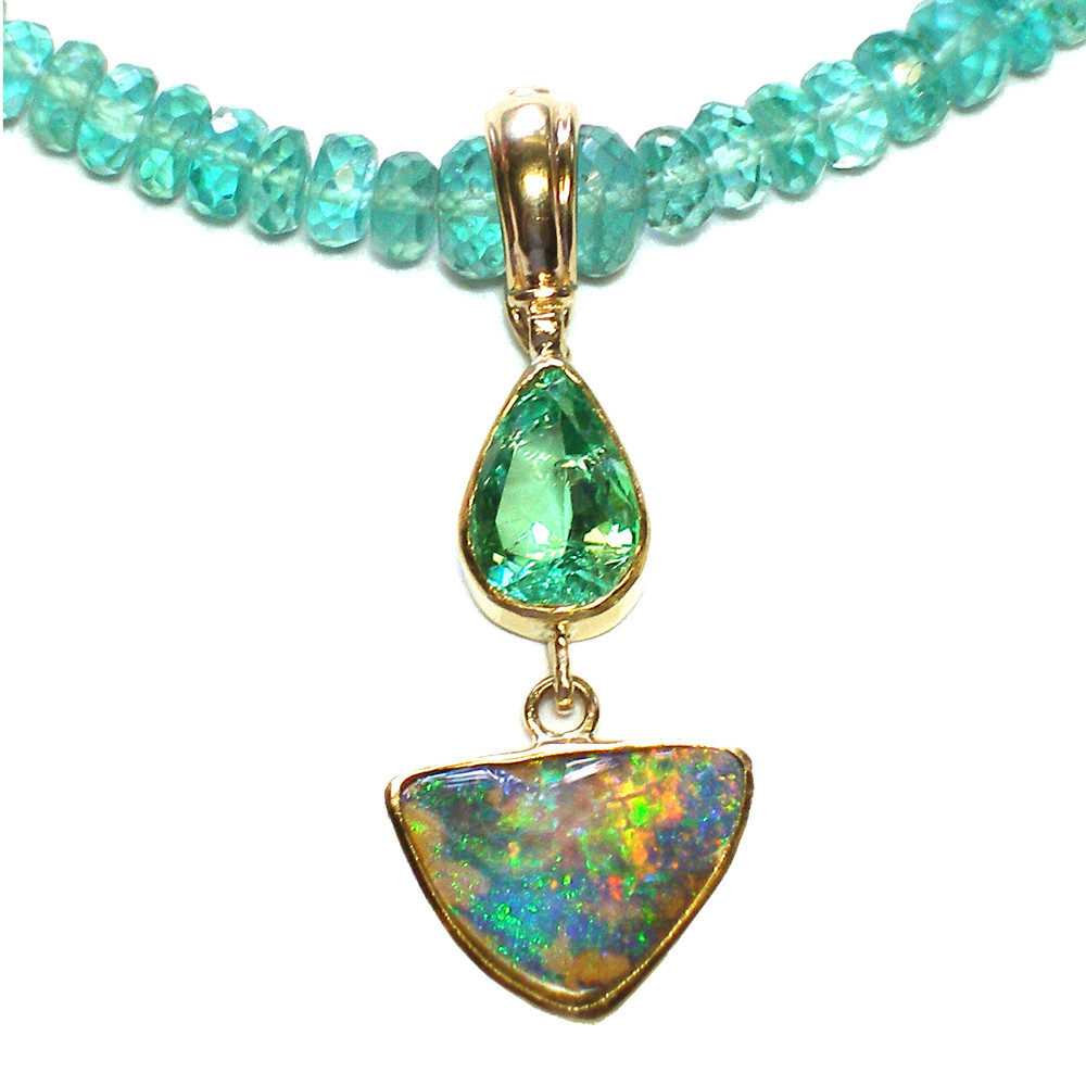 Emerald and Boulder Opal Enhancer Necklace on Emeralds