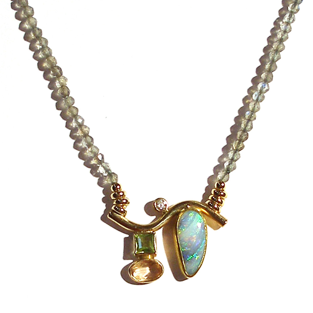 Smile and Wave Necklace with Opal, Topaz and Green Tourmaline on Labradorite Beads with Diamond Accent in Gold