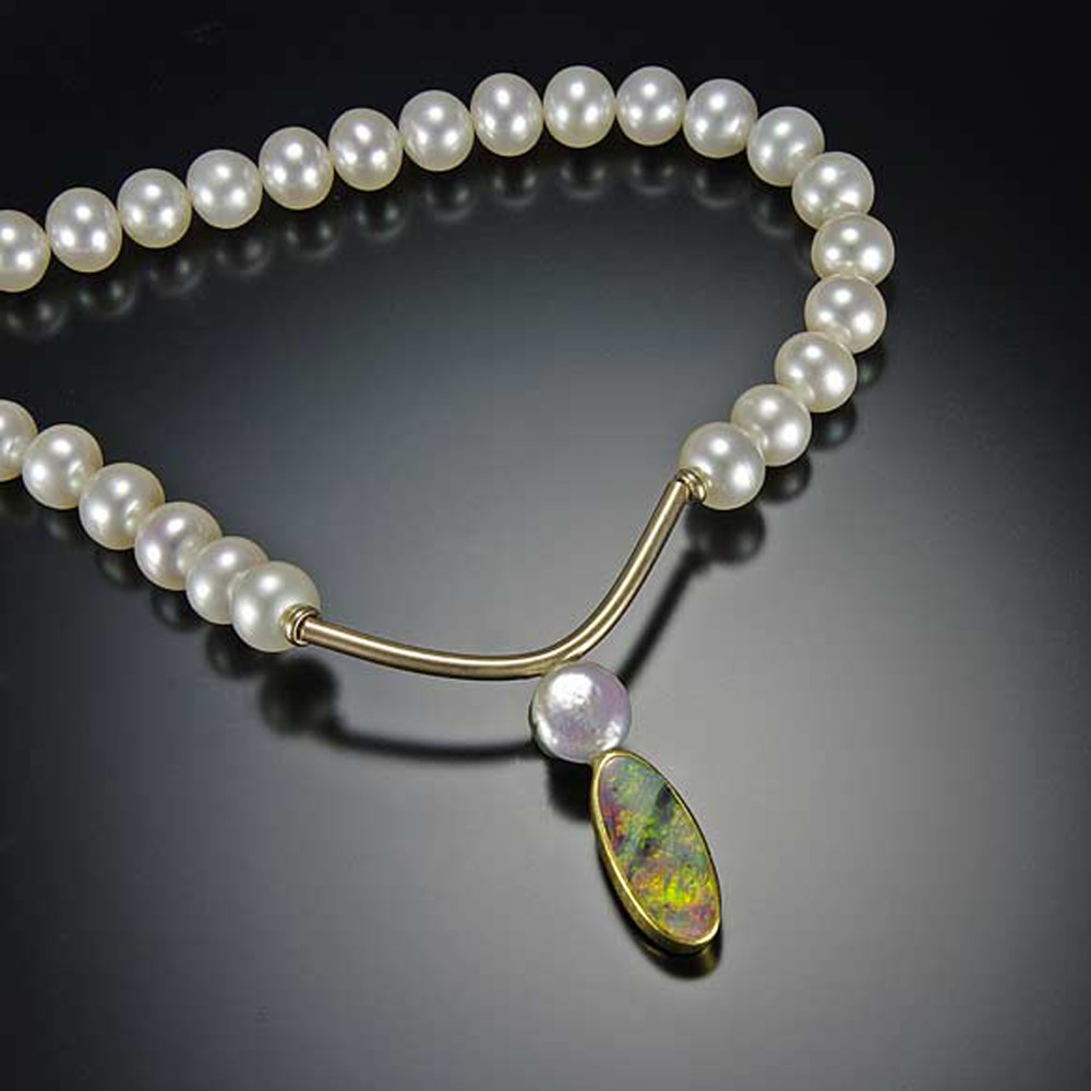 Semi-Black Australian Opal Smile Necklace on Pearls in Gold