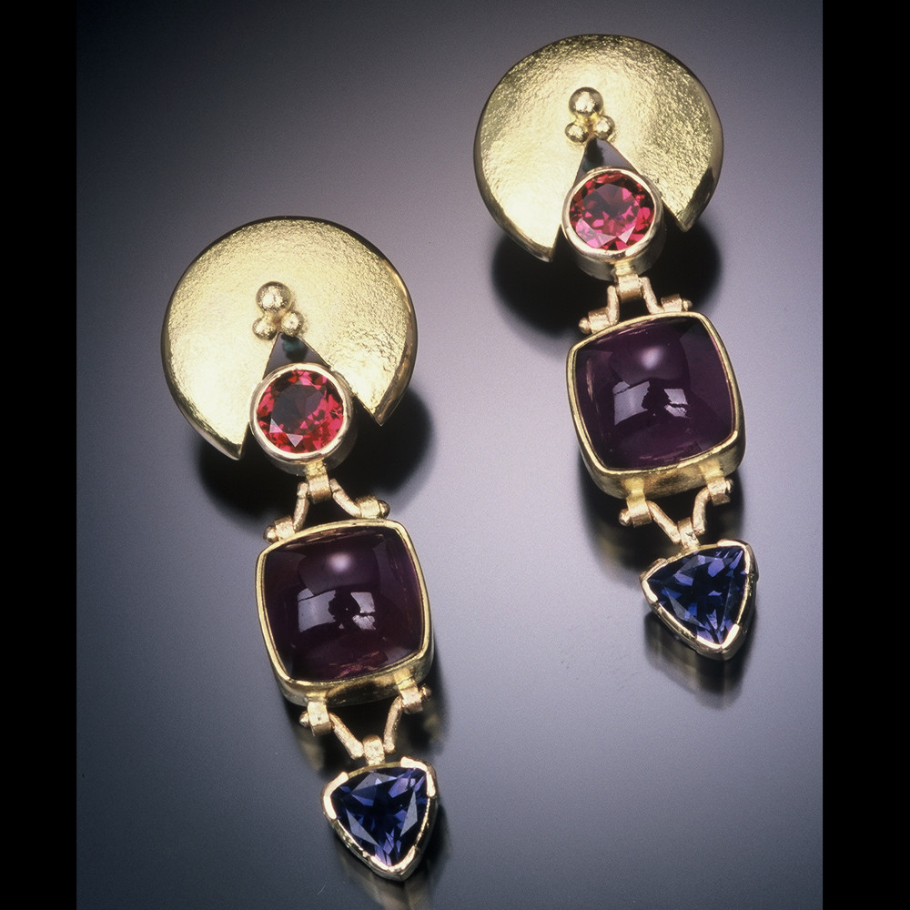 Lily Pad Garnet, Amethyst and Iolite Hinged Dangle Post Earrings in Gold