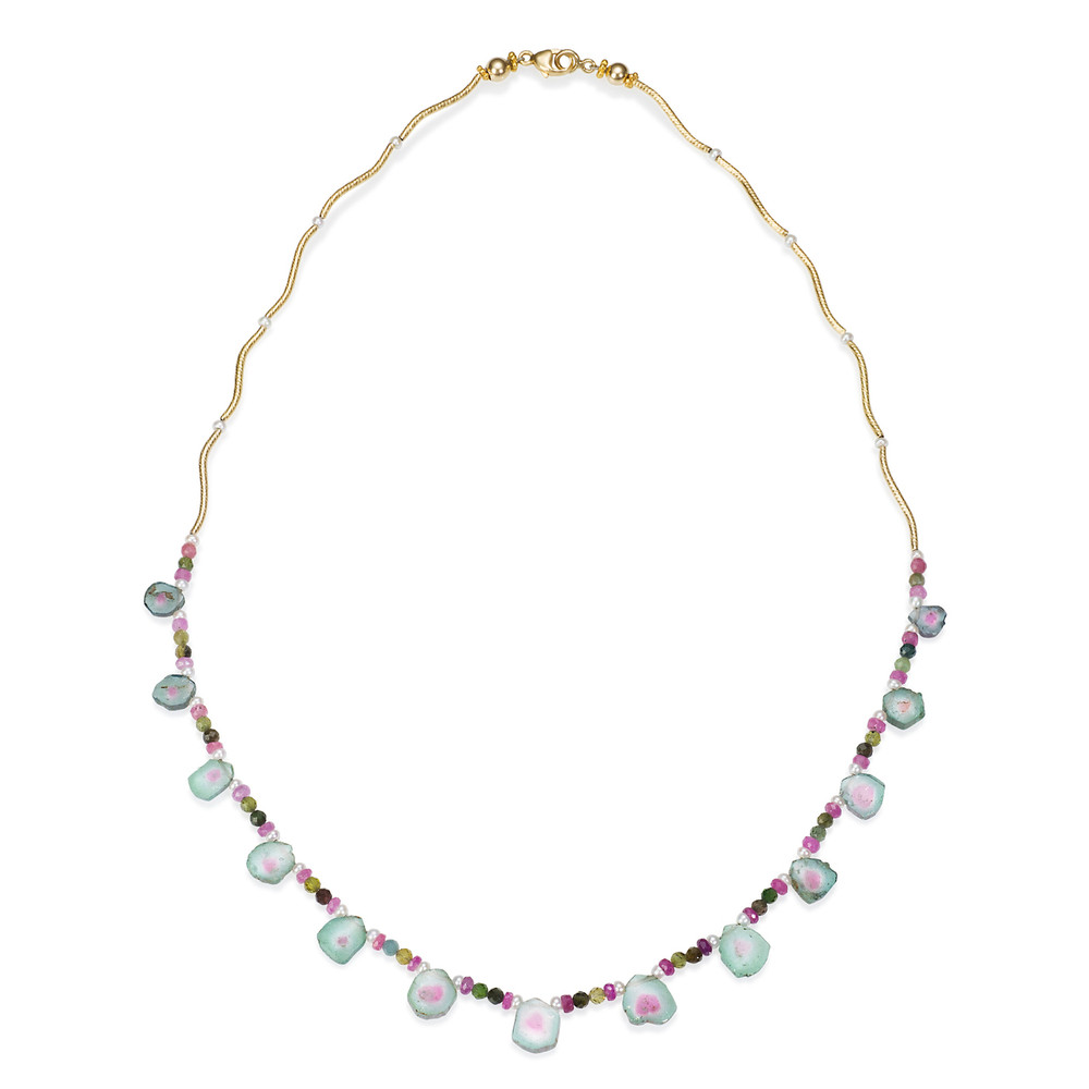 Petite Minty Watermelon Tourmaline Slices Wave Necklace in 14K Gold