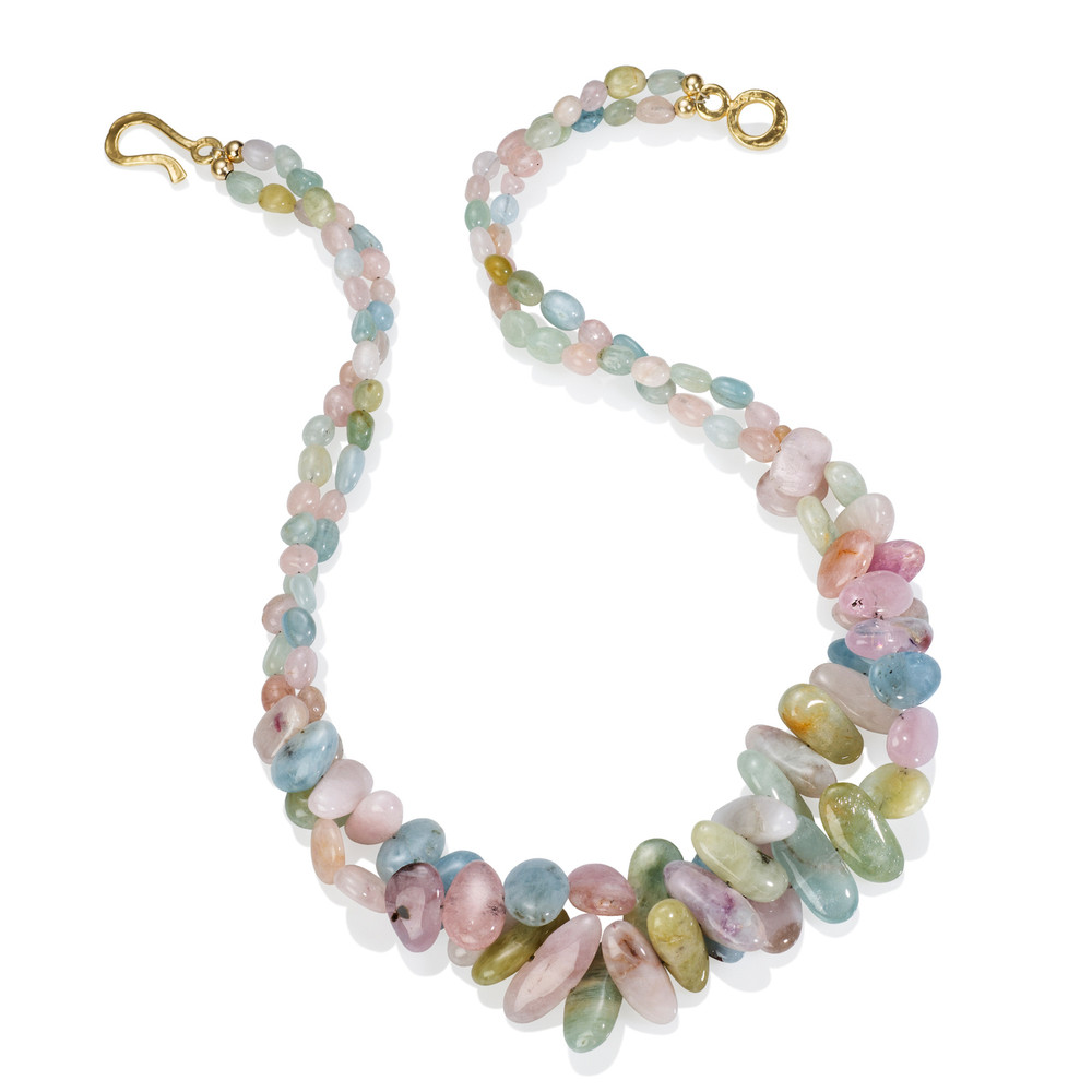 Aquamarine Pastel Pebble Necklace Vermeil Hammered Hook & Loop Clasp